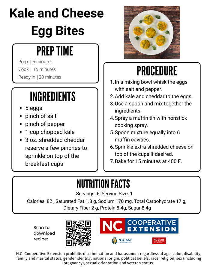 Kale and Egg Cheese Bites recipe flyer