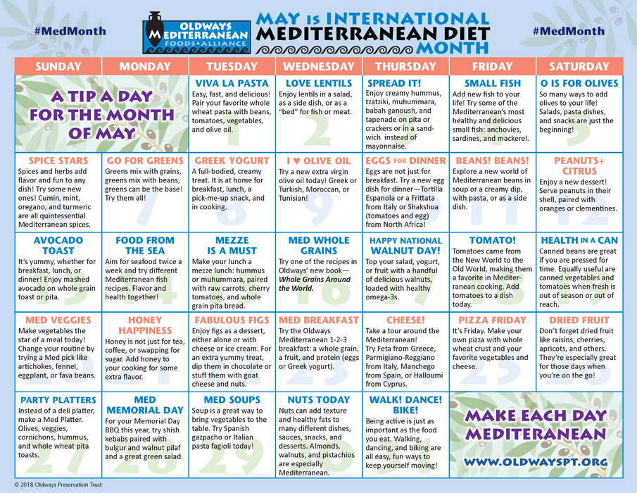 May- Mediterranean Diet Month Calendar