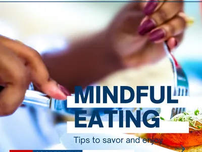 Hands cutting food with fork and knife; overlaid text "MINDFUL EATING" and "Nutrition Nuggets"
