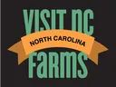 Logo reading "VISIT NC FARMS" with an orange ribbon saying "NORTH CAROLINA" across green text