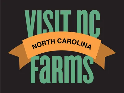 Logo reading "VISIT NC FARMS" with an orange ribbon saying "NORTH CAROLINA" across green text