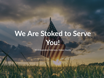 American flag in a field at sunrise with text "We Are Stoked to Serve You!"
