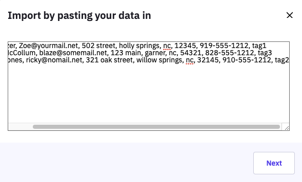 Example of completed copy & paste import