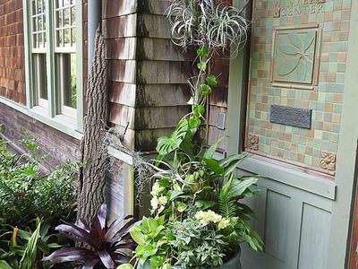 Entrance with large ceramic planter of mixed plants by green door tiled panel reading "CENTER"