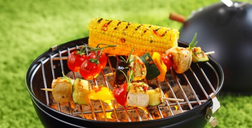 Corn, Tomatoes, kebabs 