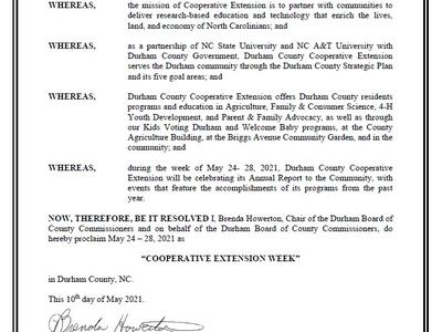 Durham Board of County Commissioners proclamation declaring "Cooperative Extension Week" May 24–28, 2021