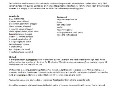 Recipe titled "Quinoa Tabbouleh Wraps" with ingredients, method, and NC Cooperative Extension logo