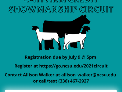 2021 4-H Farm Credit Showmanship Circuit poster with livestock silhouettes; registration due July 9