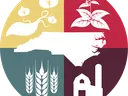 Circle emblem: North Carolina silhouette surrounded by sweet potato, tobacco, wheat, barn.
