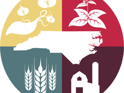 Circle emblem: North Carolina silhouette surrounded by sweet potato, tobacco, wheat, barn.