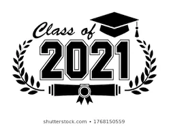 Class of 2021 text with graduation cap, laurel wreaths, and rolled diploma emblem