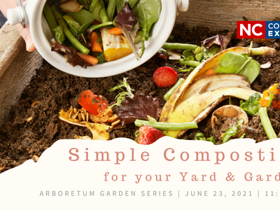Food scraps being poured into a compost bin; text "Simple Composting for your Yard & Garden"