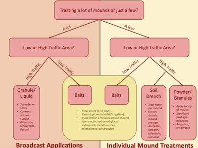 Flowchart: "Treating a lot of mounds or just a few?" — Broadcast vs individual mound treatments