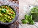 Fresh guacamole and fresh pesto, green basil leaves