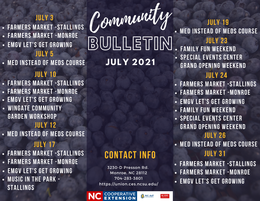 Bulletin with Events for the month of July 