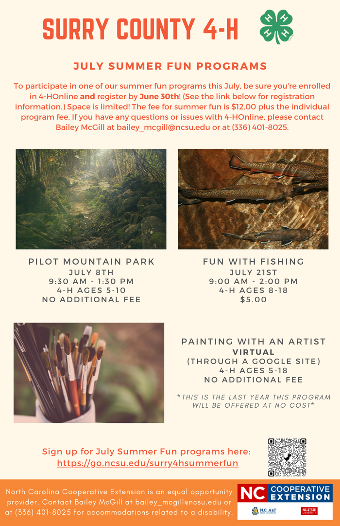 Sign up for July Summer Fun programs here: https://go.ncsu.edu/surry4hsummerfun