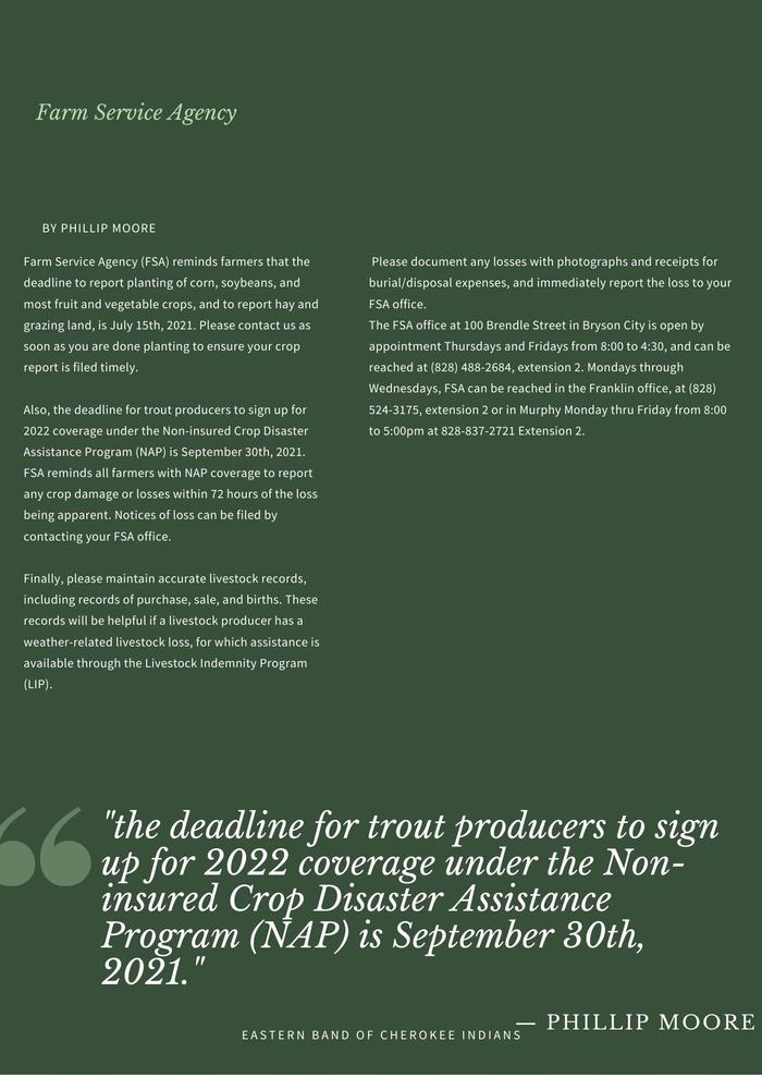 Farm Service Agency notice: report planting by July 15, 2021; NAP trout deadline Sept 30, 2021.