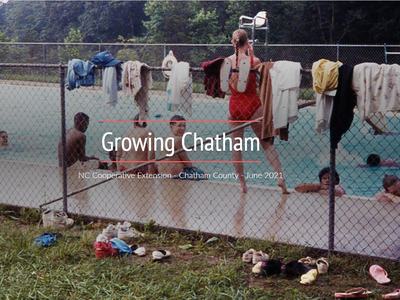 Children swimming in outdoor pool behind chain-link fence; title text "Growing Chatham"
