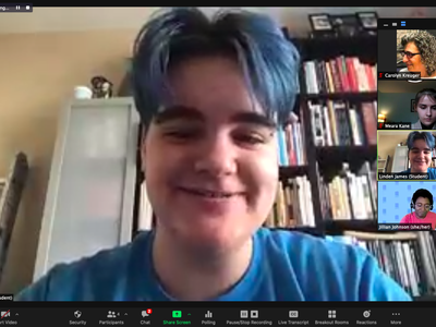 Person with blue hair smiling in a video call; thumbnail label reads "Linden James (Student)"