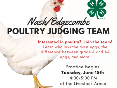 White chicken with text "Nash/Edgecombe POULTRY JUDGING TEAM" and practice Tues June 15, 4–5 PM