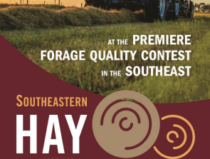 Red tractor on a hay field; text "Prove your hay is the best" and "Southeastern Hay Contest"