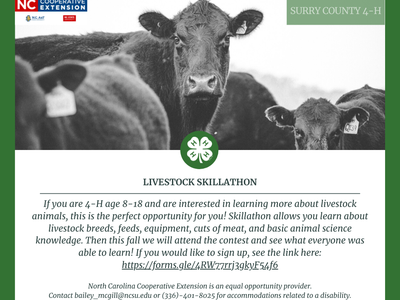 Skillathon is a contest that we will practice for and youth will get to learn all about livestock breeds, feeds, equipment, cuts of meat, and basic animal science knowledge. This fall we will attend the contest and see what everyone was able to learn! You