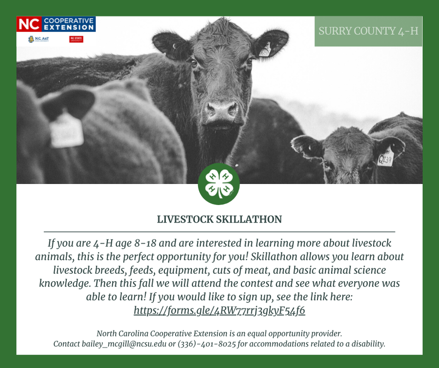 Skillathon is a contest that we will practice for and youth will get to learn all about livestock breeds, feeds, equipment, cuts of meat, and basic animal science knowledge. This fall we will attend the contest and see what everyone was able to learn! Youth must be 4-H age (age as of January 1st, 2021) 8-18 to participate. Please fill out this form by July 12th to participate! 