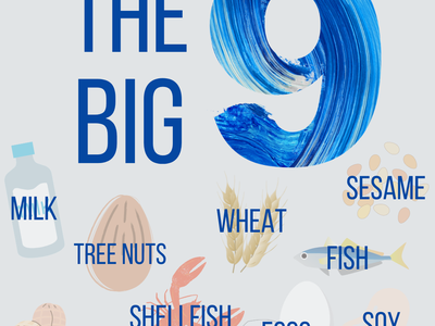 The Big 9 surrounded by images of milk, tree nuts, wheat, sesame, peanuts, shellfish, eggs, soy, and fish
