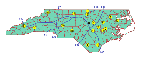 North Carolina map with numbered yellow location markers and interstates I-40, I-77, I-85, I-95