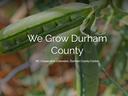 Open green pea pod; overlaid text "We Grow Durham County"