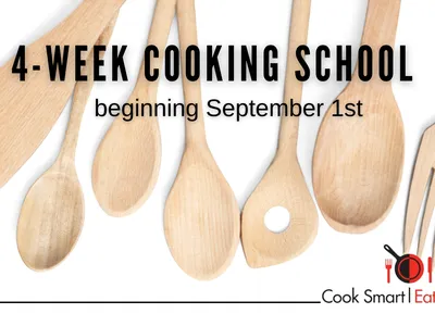 wooden kitchen utensils in background ad for Cook Smart Eat Smart classes