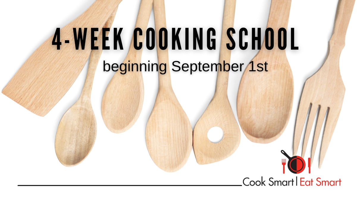 wooden kitchen utensils in background ad for Cook Smart Eat Smart classes