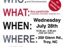 Pesticide Disposal Day — Wed July 28, 10:00am–2:00pm, 200 Glenn Rd, Troy NC. Contact Kaitlyn Lamaster 910-576-6011