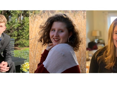 Three head-and-shoulder portraits: man in suit on bench, woman in field with sweater, woman indoors smiling