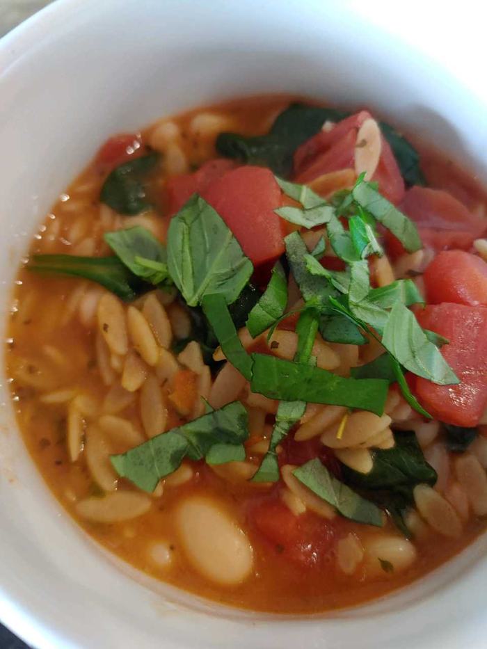 Close up of quick bean and spinach soup