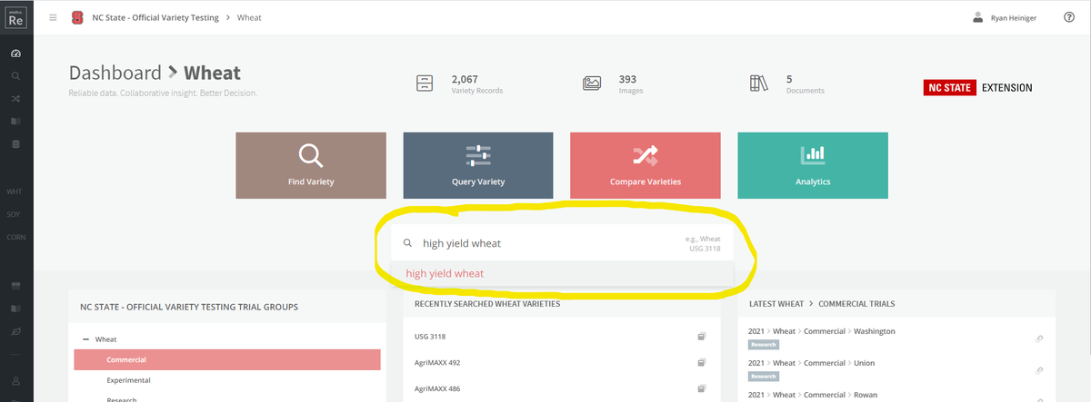 High Yield Wheat dashboard