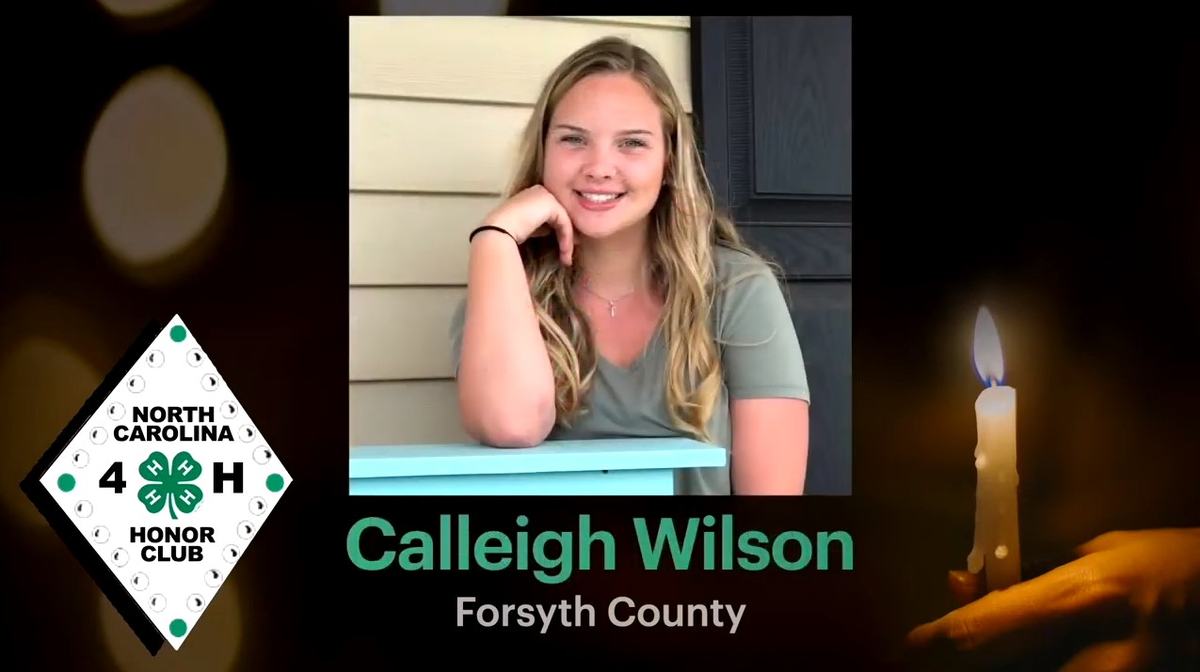 Screencap of Calleigh Wilson's induction into the NC 4-H Honor Club. Background is a person holding a candle, the NC 4-H Honor Club logo is to the right, and a photo of Calleigh Wilson is in the center with her name and "Forsyth County" written below. 