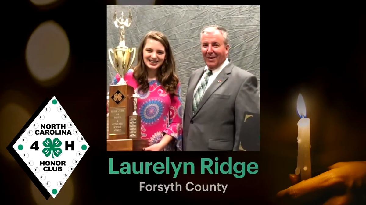 Screencap of Laurelyn Ridge's induction into the NC 4-H Honor Club. Background is a person holding a candle, the NC 4-H Honor Club logo is to the right, and a photo of Laurelyn Ridge is in the center with her name and "Forsyth County" written below. 