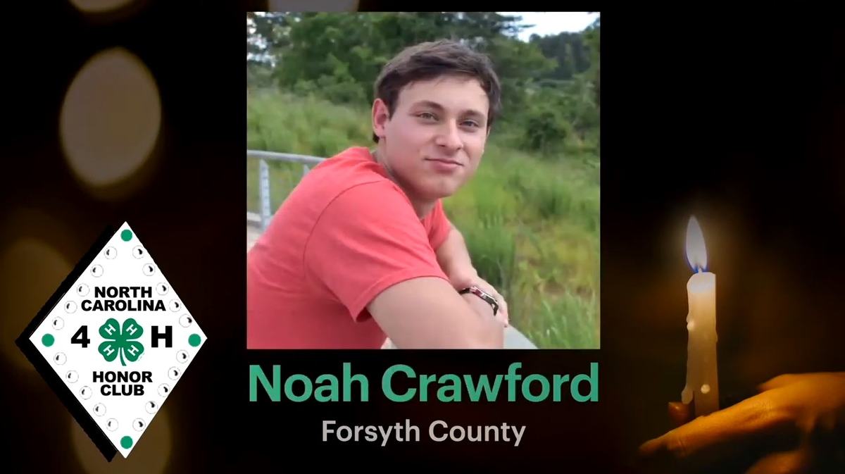 Screencap of Noah Crawford's induction into the NC 4-H Honor Club. Background is a person holding a candle, the NC 4-H Honor Club logo is to the right, and a photo of Noah Crawford is in the center with his name and "Forsyth County" written below. 