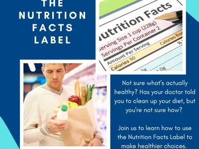 Poster "Reading the Nutrition Facts Label" — nutrition label close-up, shopper with groceries, NC Cooperative Extension
