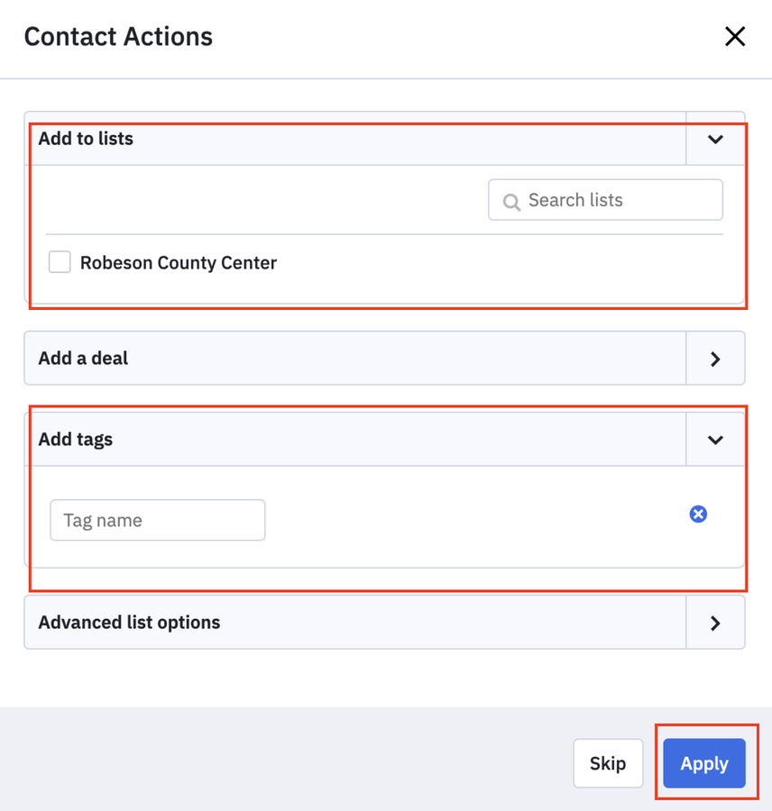 Contact Actions screen