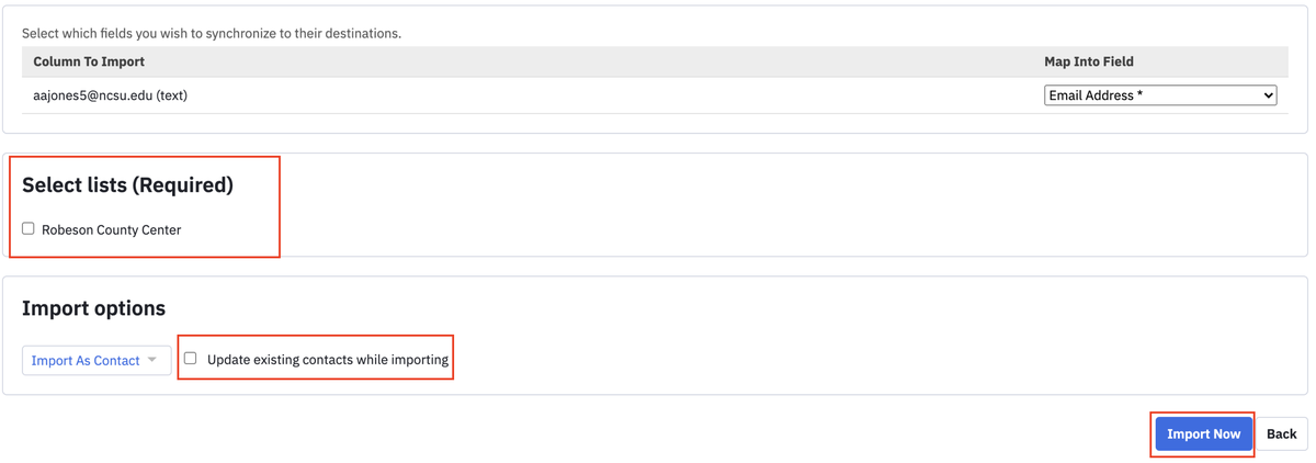 Import options screen