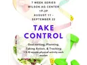 'Take Control' poster: 7-week series Aug 11–Sept 22; goal-setting, brief activity, NC Cooperative Extension