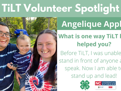 Angelique featuring her partner and son with the following text to the right of the image. TiLT Volunteer Spotlight. Angelique Apple. What is one way TiLT has helped you? Before TiLT I was unable to stand in front of anyone and speak. Now I am able to sta