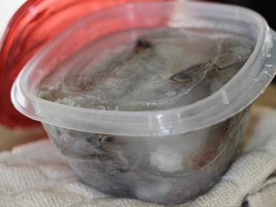 Shrimp frozen in freezer safe container