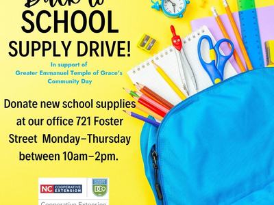 Back to School Supply Drive — Donate new supplies at 721 Foster St, Mon–Thu 10am–2pm