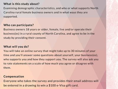 Participate in a rural female business owner research study; online survey, $100 e-Visa prize