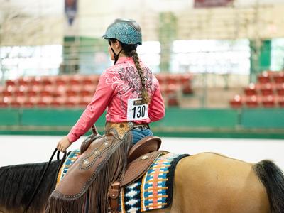 Equestrian rider wearing helmet and pink shirt (number 130) riding a saddled horse