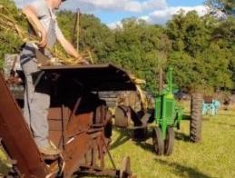 Person standing on vintage hay baler feeding hay, green tractors and trees in field