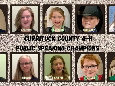 Ten youth headshots collage with text "CURRITUCK COUNTY 4‑H PUBLIC SPEAKING CHAMPIONS" and names.